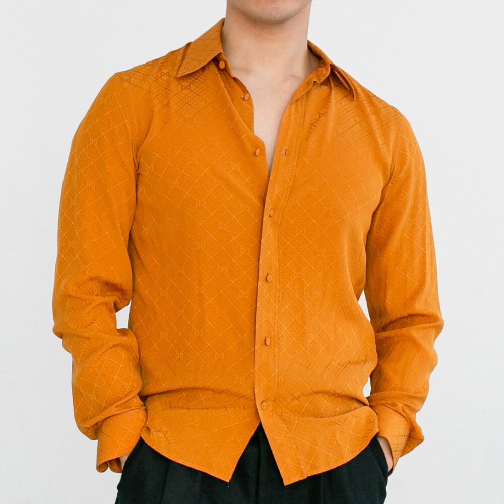 $3 START THURSDAY 10/31 @ 2pm: Gucci Orange Check GG Silk Crepe Shirt